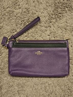 Coach Purple Leather Wristlet with Black Accent and Gold Hardware